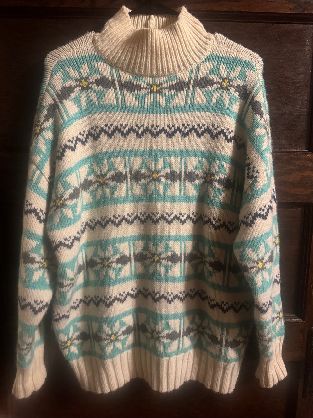 American Eagle Outfitters Cream and Aqua Fair Isle Turtleneck Sweater